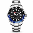 Relógio masculino prata estilo Batman GMT com bezel bicolor azul e preto e mostrador preto