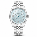 Relógio masculino prata com mostrador azul glacial e bezel canelado modelo Glacier Master