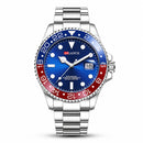 Relógio masculino prata estilo Pepsi Master com bezel bicolor vermelho e azul e mostrador azul