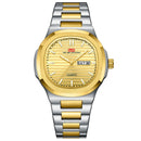 Relógio masculino bicolor prata e dourado estilo Nautilus com caixa octogonal e mostrador dourado com textura horizontal