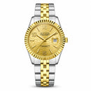 Relógio masculino bicolor prata e dourado estilo Champagne Master com mostrador dourado colmeia e bezel canelado