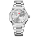 Relógio masculino full silver em aço prata estilo Nautilus com caixa octogonal e mostrador prateado texturizado em relevo horizontal