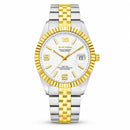 Relógio masculino bicolor prata e dourado estilo Royal Bicolor com mostrador branco colmeia e bezel canelado
