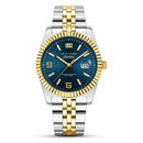 Relógio masculino bicolor prata e dourado estilo Royal Blue Bicolor com mostrador azul colmeia e bezel canelado