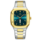 Relógio masculino bicolor prata e dourado estilo Royal Square com caixa quadrada parafusada e mostrador azul sunburst