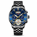 Relógio masculino preto estilo Tourbillon Black Blue com mostrador azul vazado Open Heart e números romanos dourados
