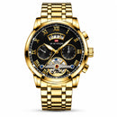 Relógio masculino dourado estilo Tourbillon Black Gold com mostrador preto vazado Open Heart e números romanos