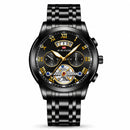 Relógio masculino all black estilo Tourbillon Blackout totalmente preto com mostrador vazado Open Heart e detalhes em dourado