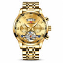 Relógio masculino full gold estilo Tourbillon Gold totalmente dourado com mostrador vazado Open Heart e números romanos