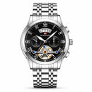 Relógio masculino prata estilo Tourbillon Silver com mostrador preto vazado Open Heart e números romanos