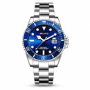Relógio masculino prata estilo Submariner Blue com mostrador e bezel graduado azul