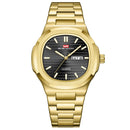 Relógio masculino full gold estilo Nautilus totalmente dourado com caixa octogonal e mostrador preto texturizado em relevo horizontal