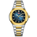 Relógio masculino bicolor prata e dourado estilo Nautilus com caixa octogonal e mostrador azul degrade texturizado