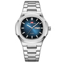 Relógio masculino em aço prata estilo Nautilus com caixa octogonal e mostrador azul degrade texturizado em relevo horizontal